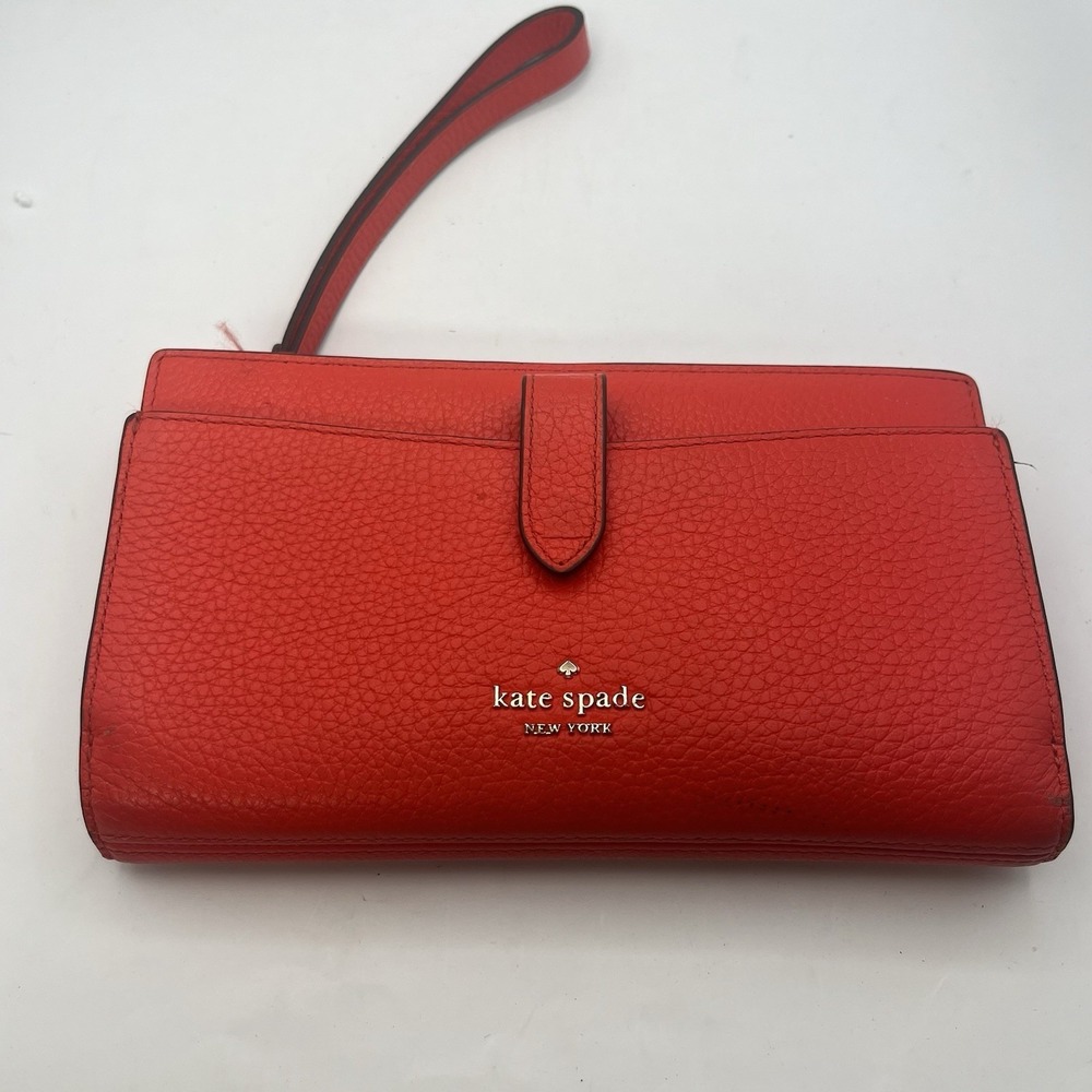 Kate Spade New York Red Pebbled Leather Wristlet Tri-Fold Wallet Gold Hardware